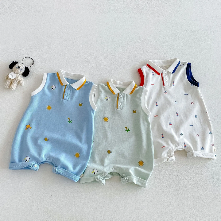 Front views of light blue, light green, and white printed sleeveless baby polo rompers