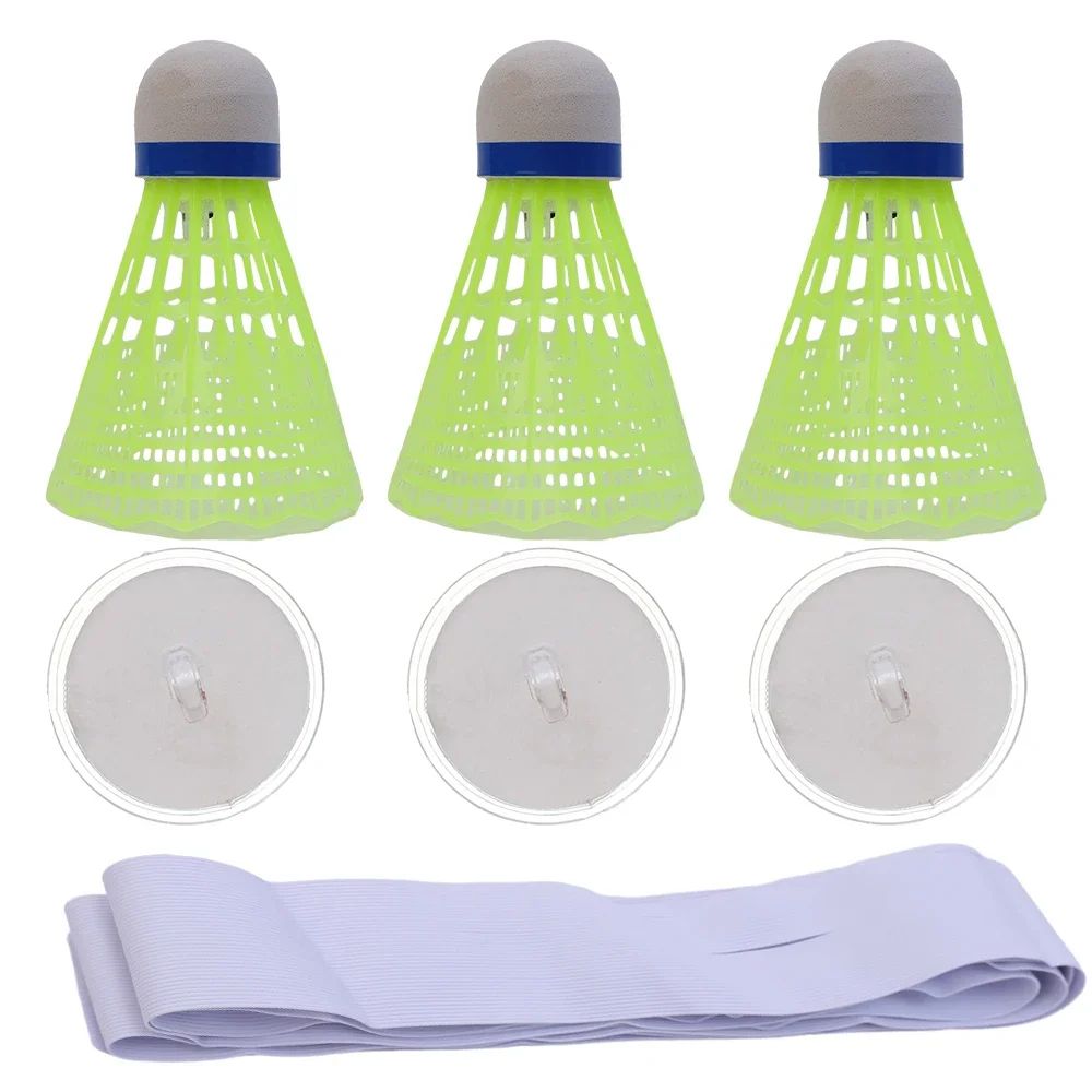 Three green badminton shuttles with blue collars, round mounts, and bundled cord accessories