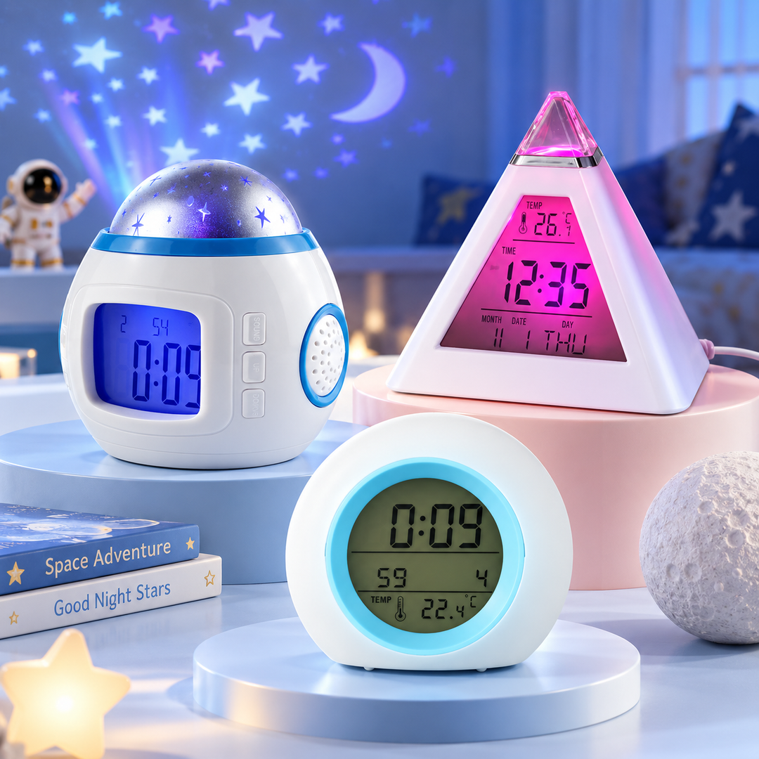 Three kids' digital alarm clock styles with colorful lighting on a bedroom display.
