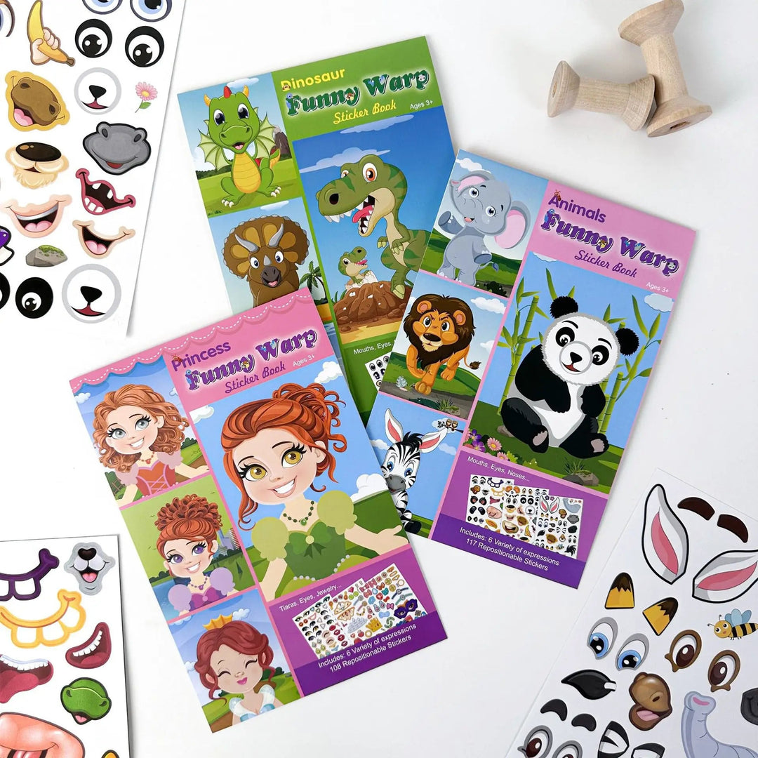 Princess, animal, and dinosaur sticker book covers with loose sticker sheets
