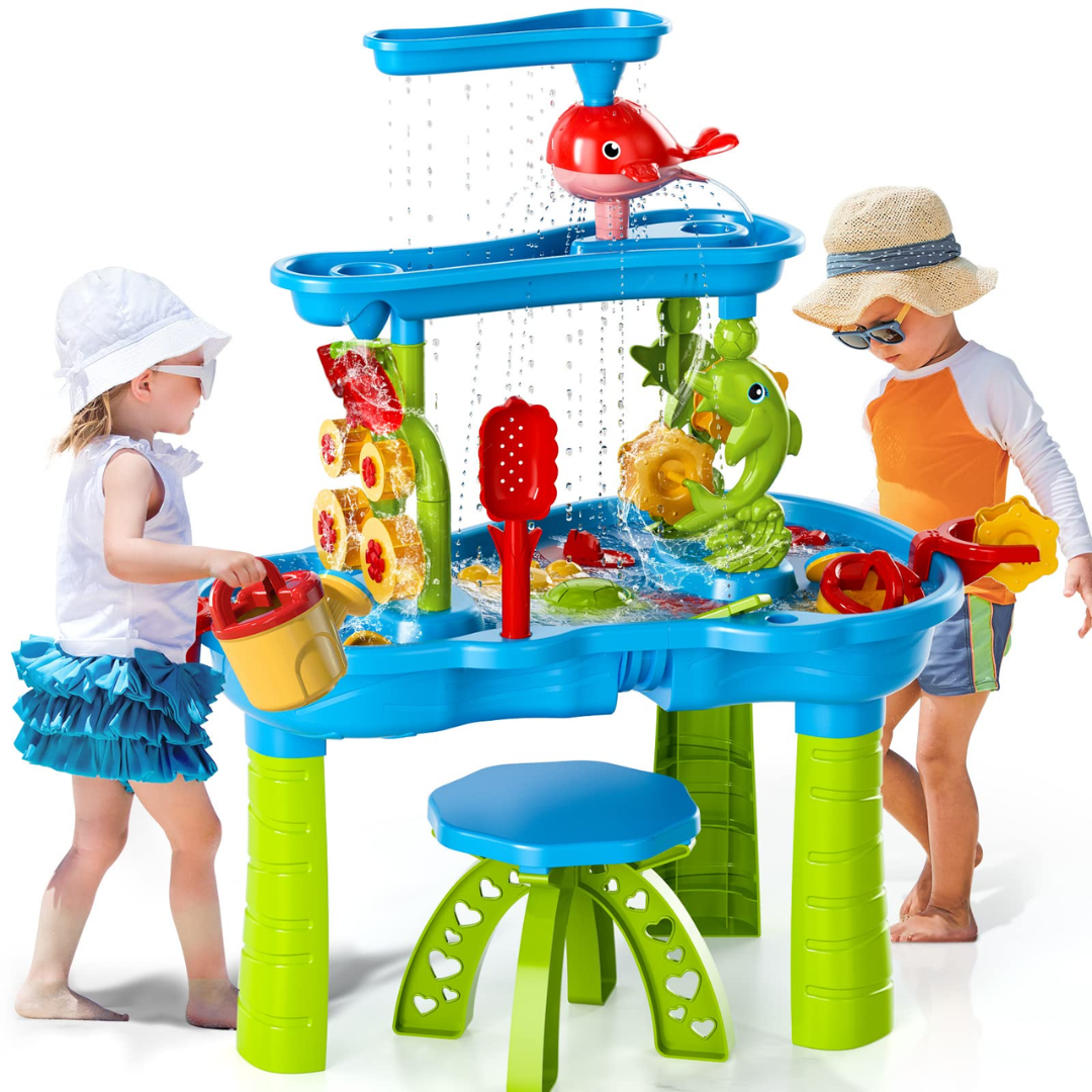 Two children playing at a blue three-tier sand and water table with green legs and colorful accessories