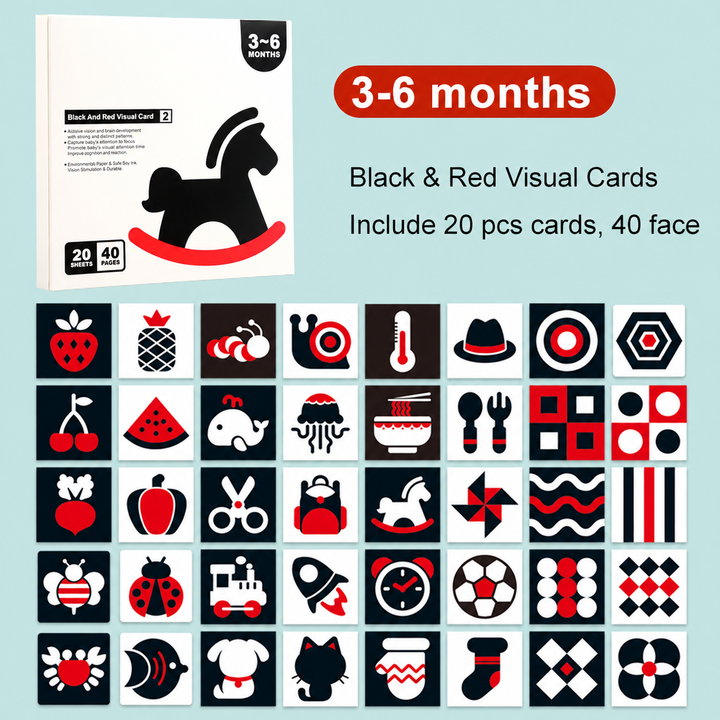 Rocking horse box and 40 black-and-red card designs for ages 3–6 months.