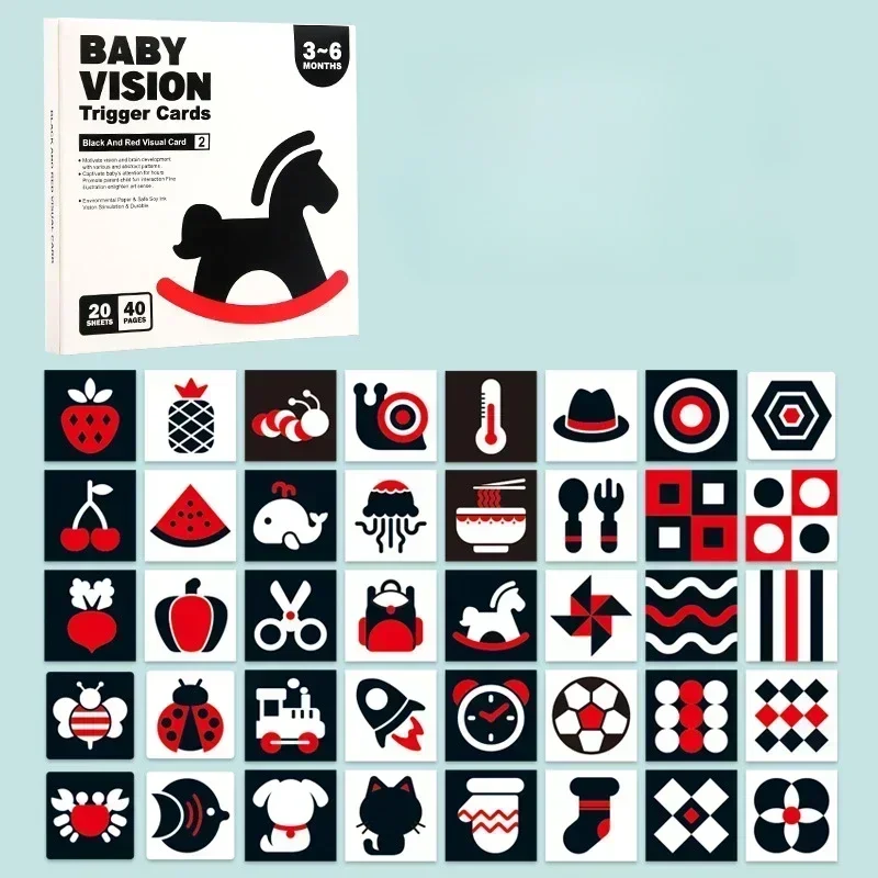 3–6 month picture cards with black, white, and red designs