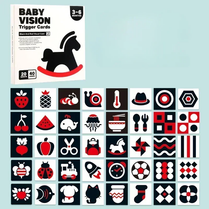 3–6 month picture cards with black, white, and red designs
