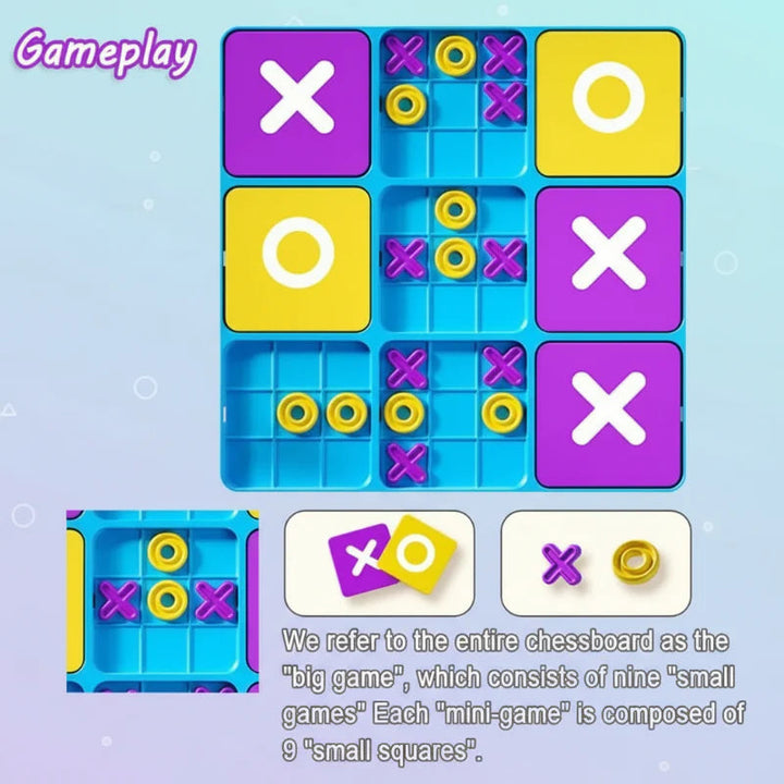 Nine-grid tic-tac-toe board with a diagram showing the smaller grids and large X and O tiles