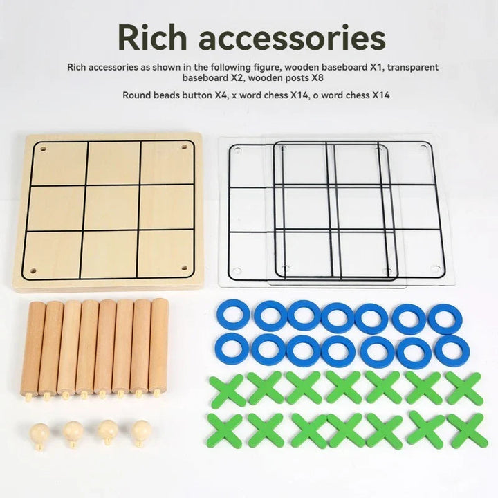 Tic-tac-toe set parts, including a wooden base, clear boards, posts, caps, and X and O pieces