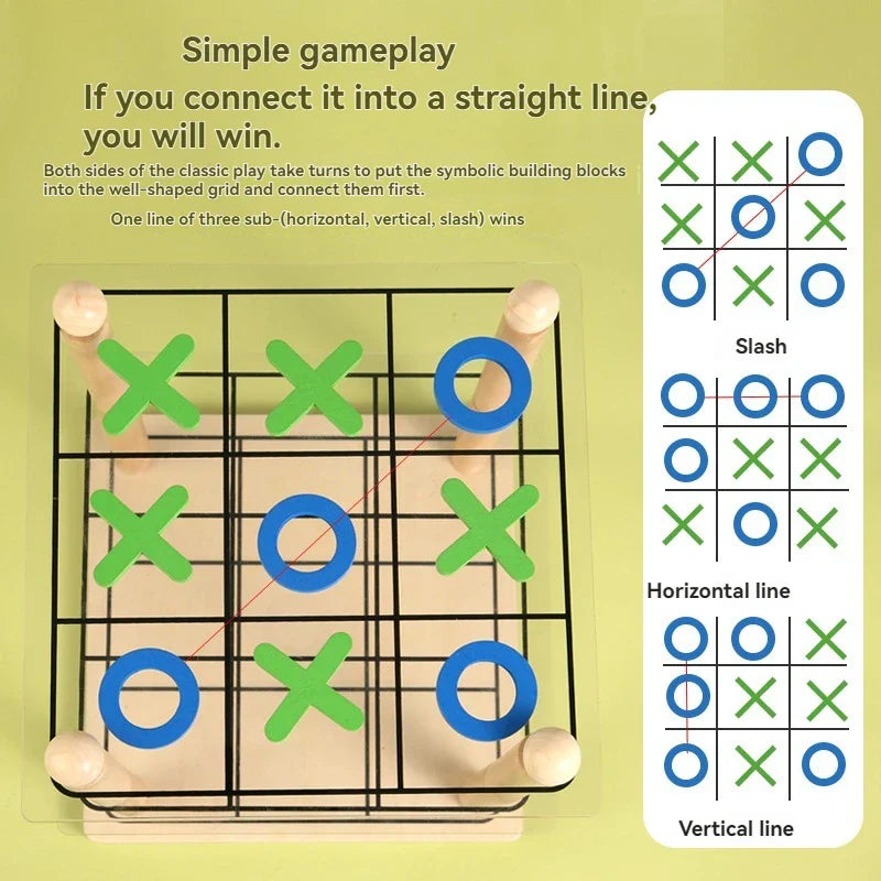 Top view of the tic-tac-toe board with examples of three-in-a-row wins
