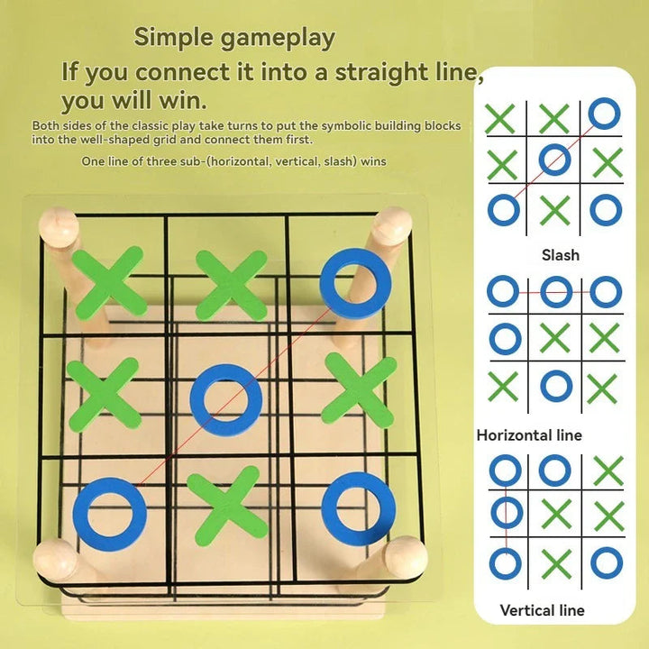 Top view of the tic-tac-toe board with examples of three-in-a-row wins