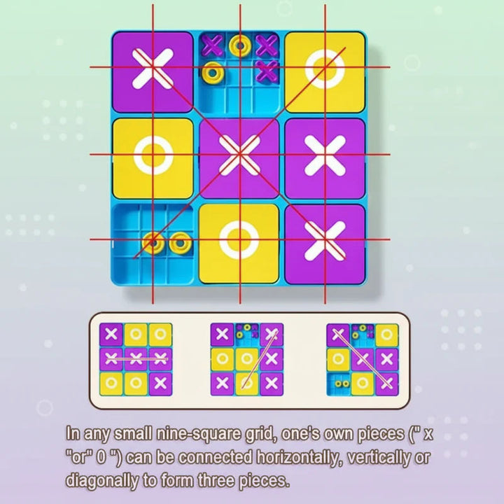 Tic-tac-toe board with lines illustrating horizontal, vertical, and diagonal winning patterns