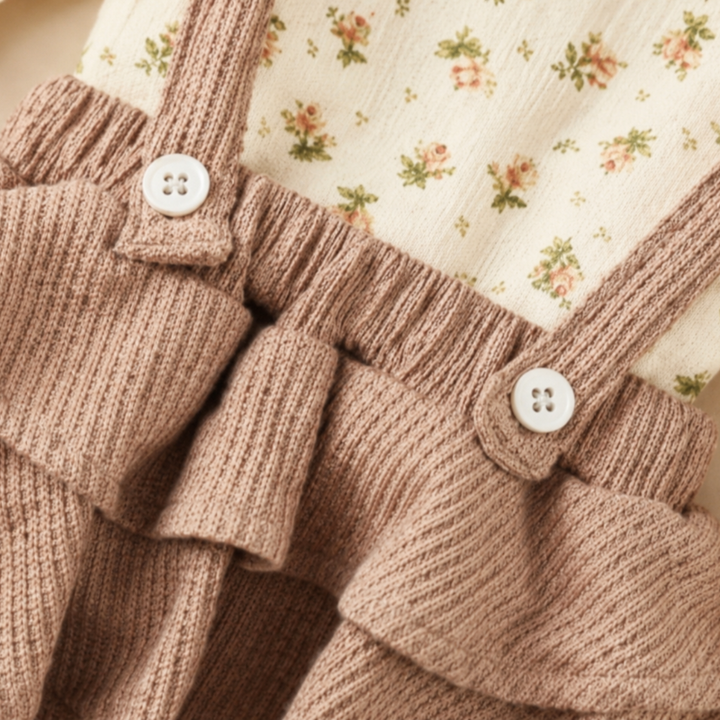 Two front buttons and layered ruffles on the textured taupe romper