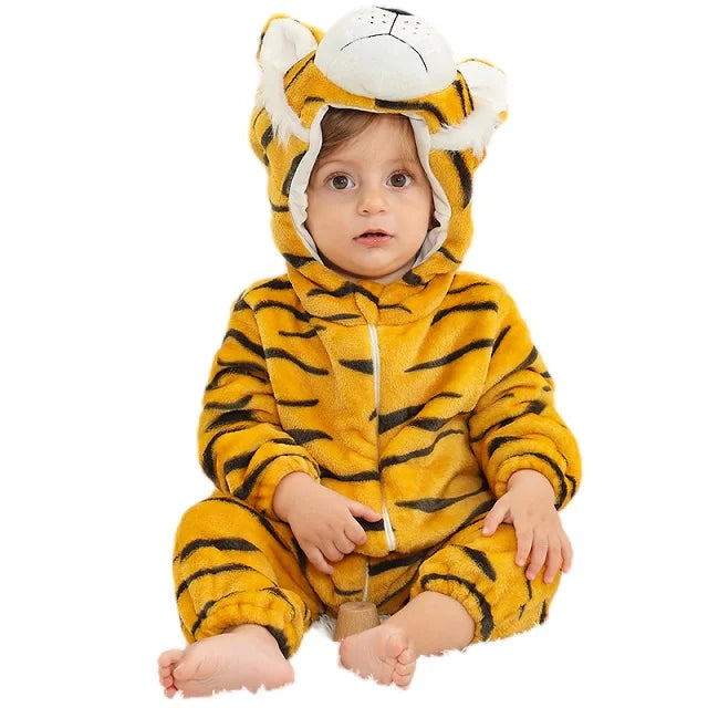 Baby wearing a yellow and black tiger romper with a character hood and front zipper.