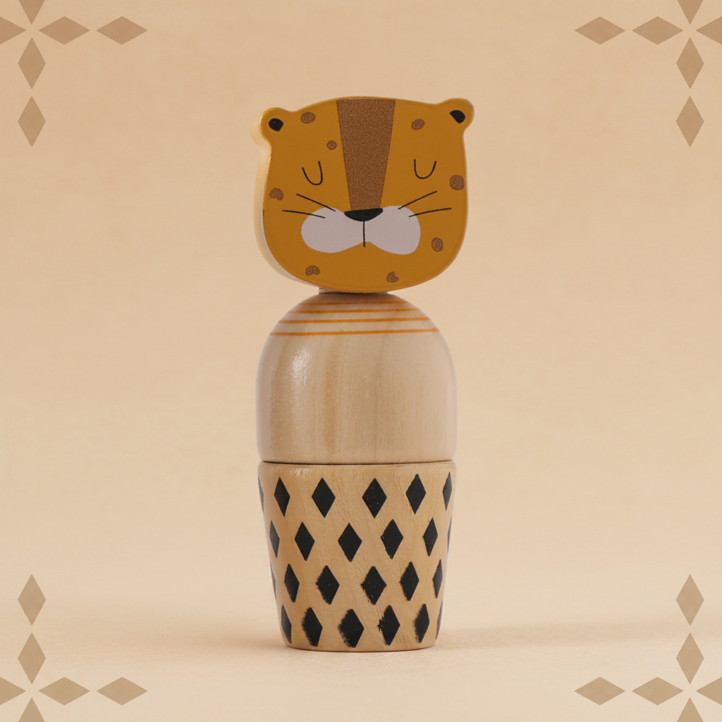 Tiger wooden stacking toy with a striped face and black diamond-patterned body