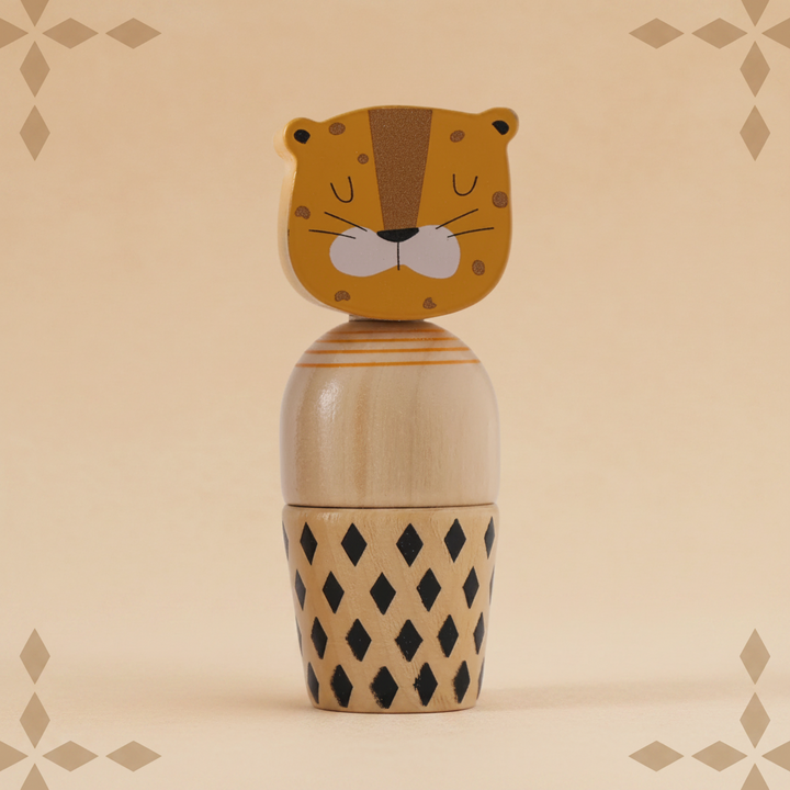 Tiger wooden stacking toy with a striped face and black diamond-patterned body