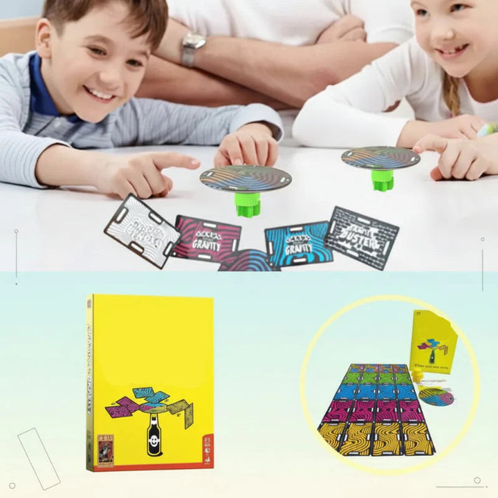 Children playing a balancing card game above a view of the yellow box and colorful game pieces.