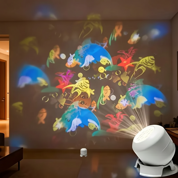 Tilted white projector night light shown with colorful sea creatures projected onto a wall