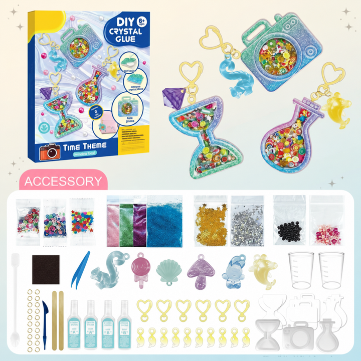 Time-themed resin kit with clock, hourglass, and bottle shaker charms, molds, and decorative fillers