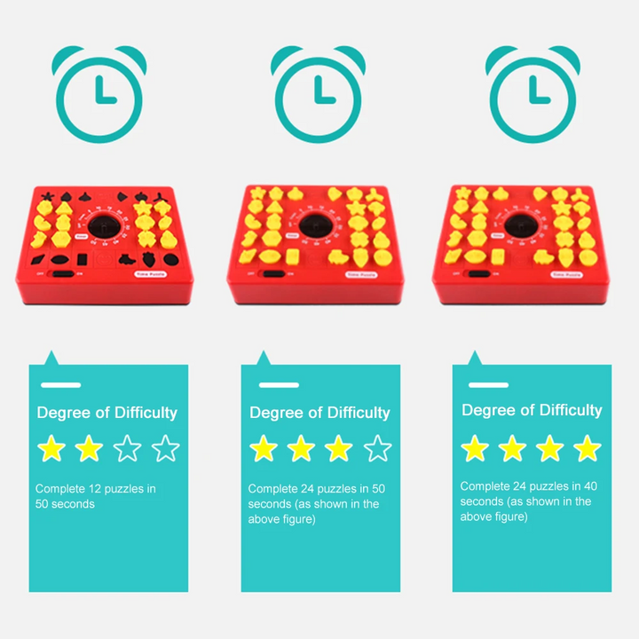 Three timed shape-puzzle challenges showing different completion goals and difficulty levels