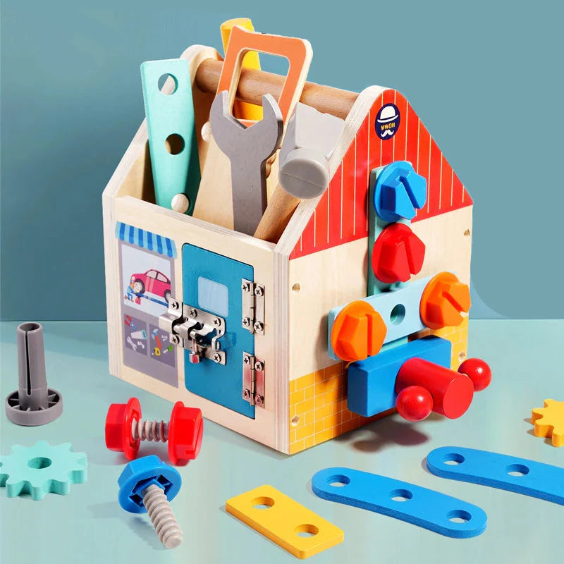 Wooden activity box with toy tools, colorful fasteners, and building pieces arranged beside it