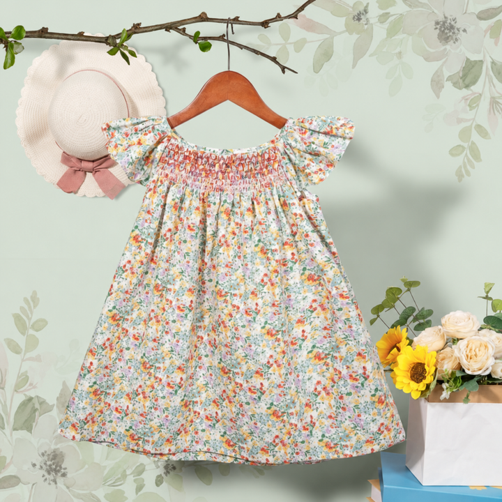 Dress with tiny multicolor flowers, flutter sleeves, and a smocked chest, displayed on a hanger.
