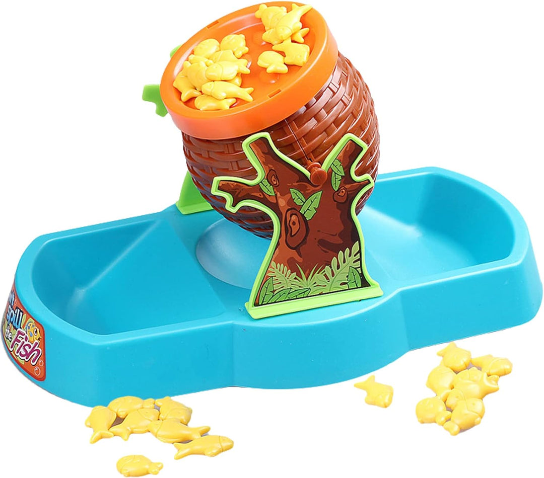 Tilting brown barrel with an orange rim, yellow fish pieces, and a blue catch tray