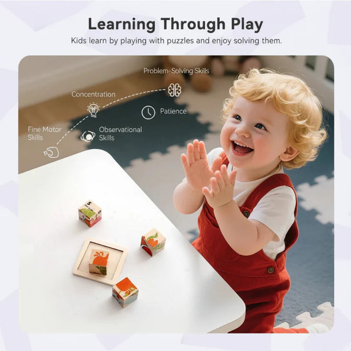 Toddler clapping beside colorful wooden animal puzzle blocks on a table