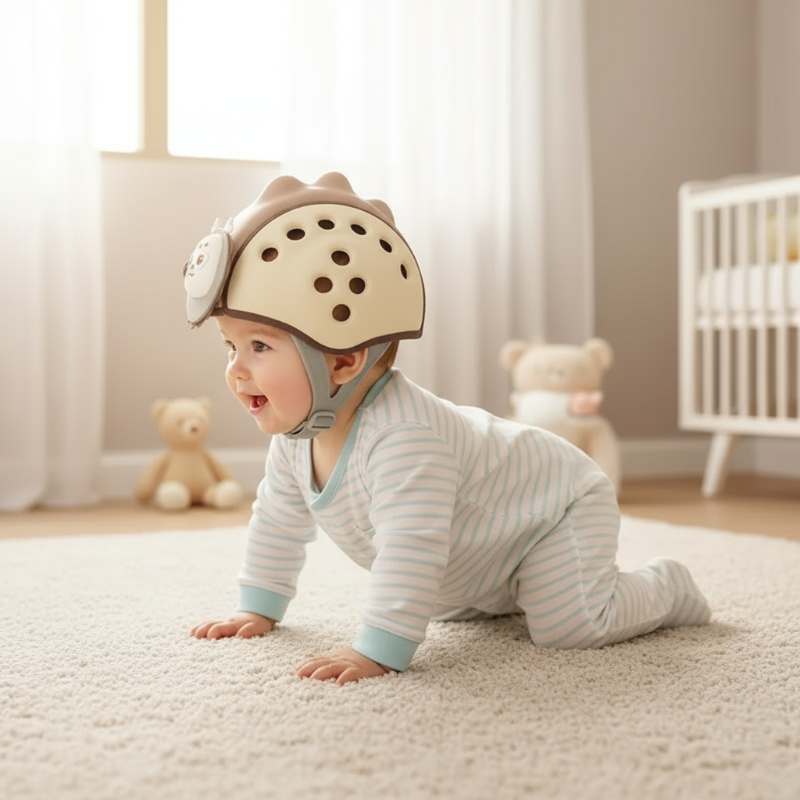 Toddler crawling on a rug while wearing a beige vented headguard
