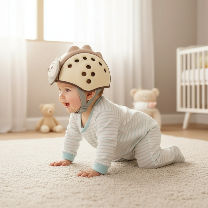 Toddler crawling on a rug while wearing a beige vented headguard