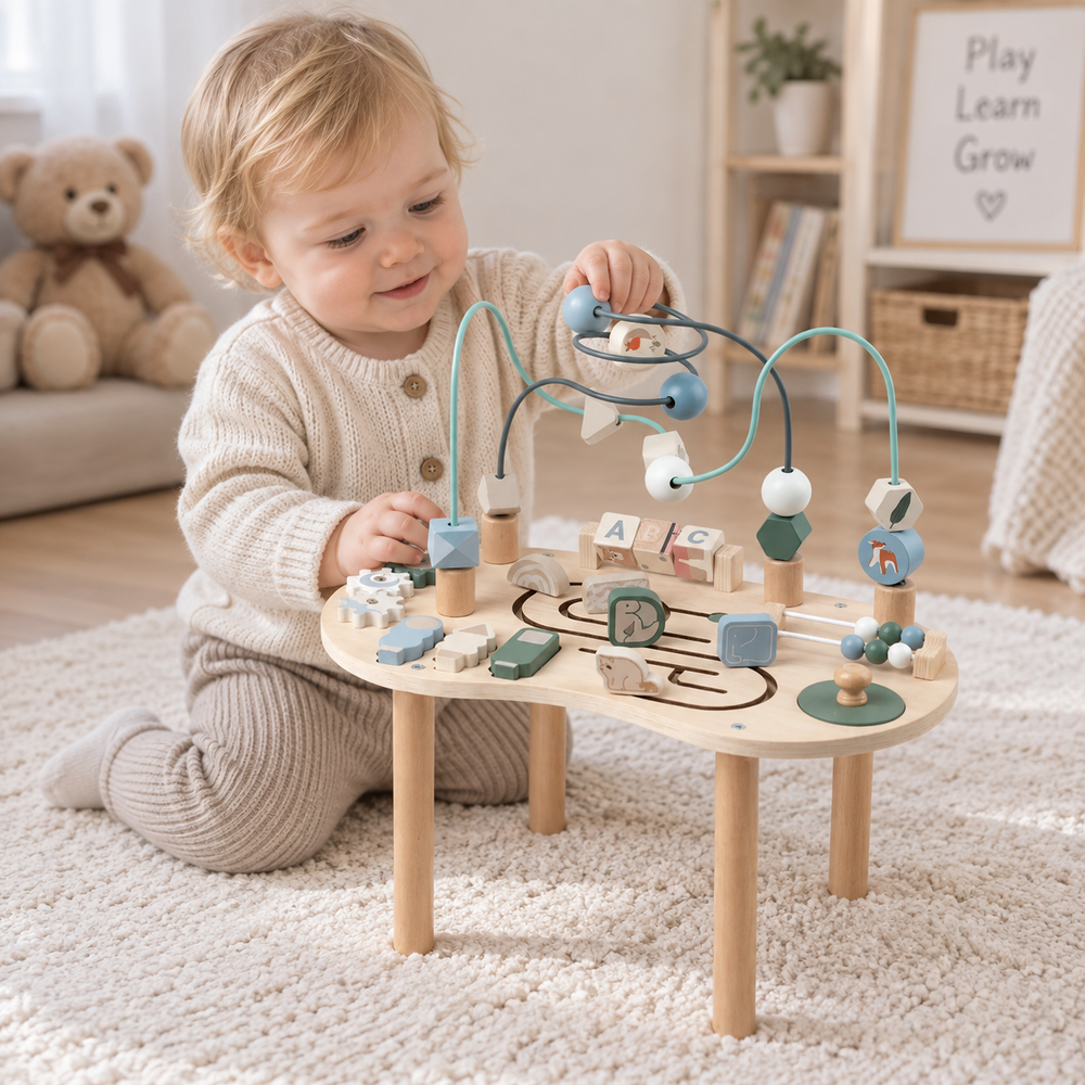 Toddler exploring the bead maze on a wooden activity table in a playroom