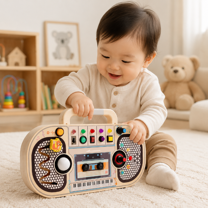 Toddler seated on a rug holding a wooden music busy board with colorful buttons