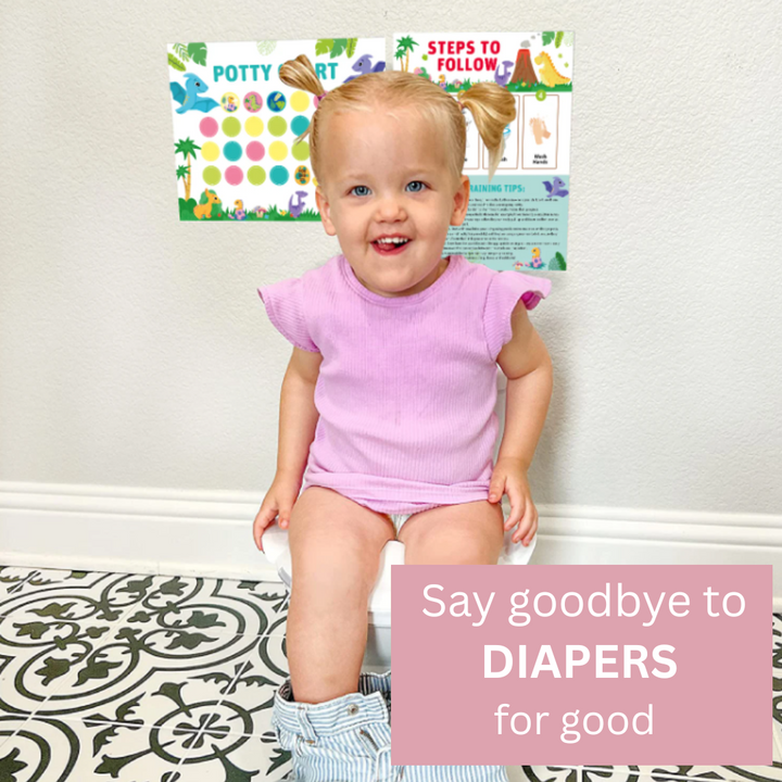 Toddler sitting on a potty with a dinosaur reward chart and routine guide on the wall