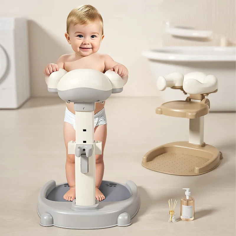 Toddler standing in a gray shower stand beside the brown version