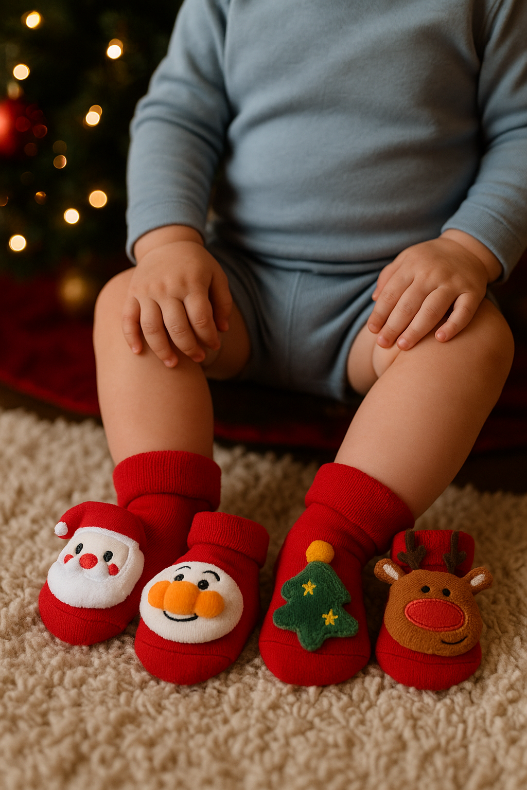 Child wearing red Christmas socks beside tree and deer sock designs