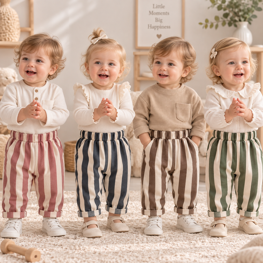 Four toddlers modeling striped baby pants in pink, blue, brown and green