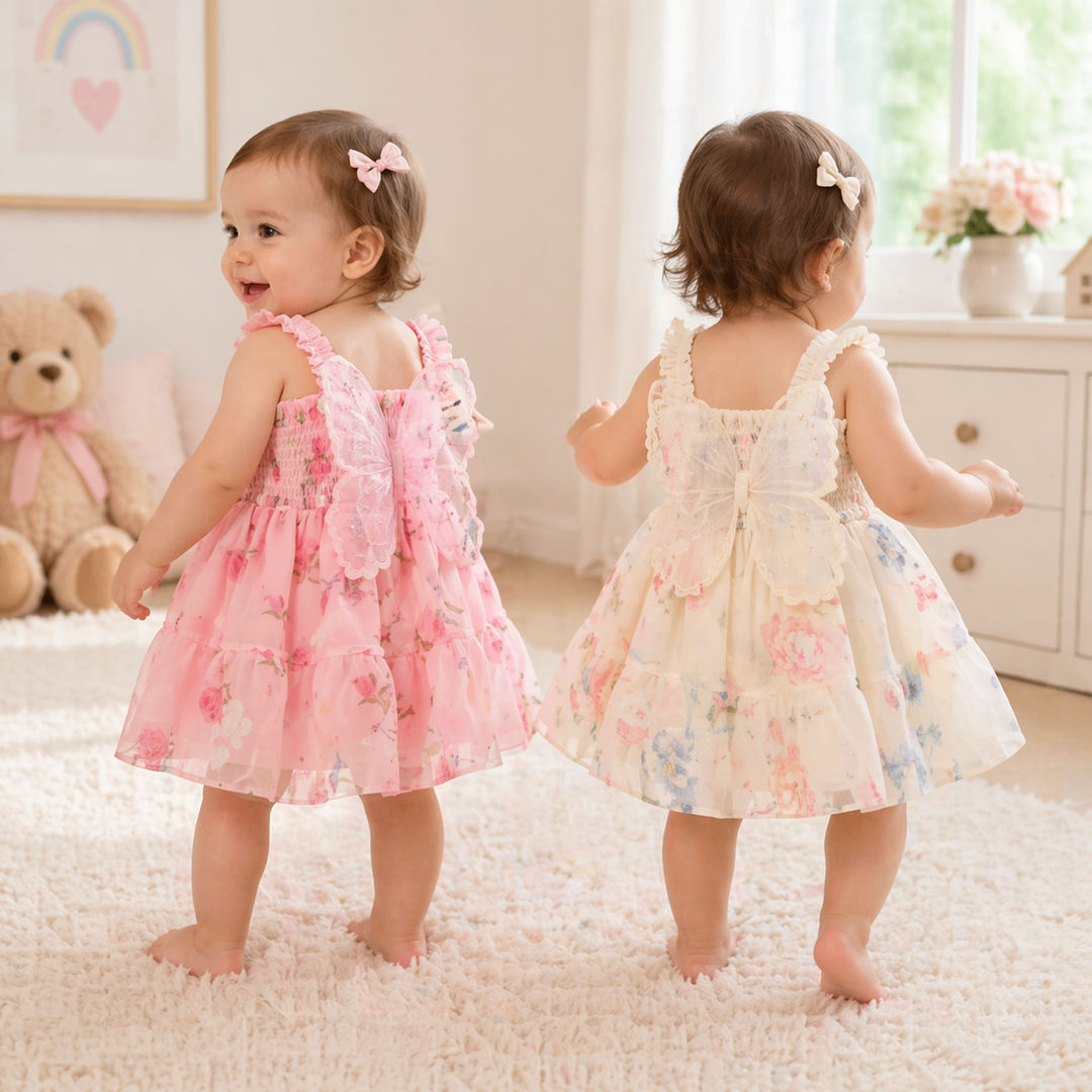 Two toddlers modeling pink and cream floral dresses with sleeveless cuts and flared skirts