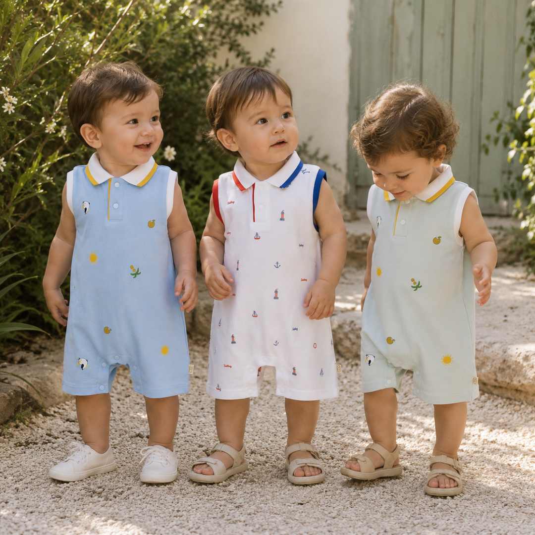 Three toddlers wearing light blue, white, and light green sleeveless polo rompers outdoors