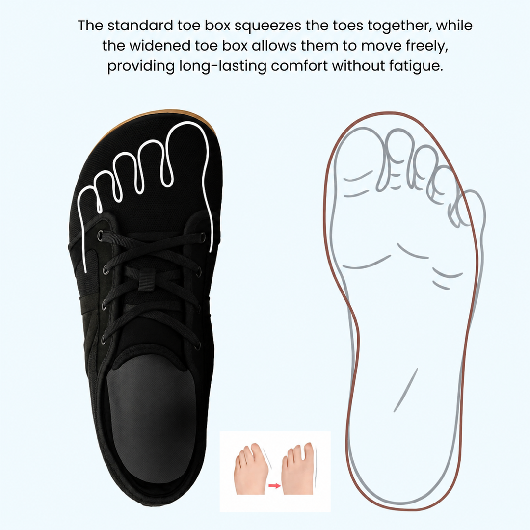Toe-space illustration with a foot outline inside a roomy shoe shape