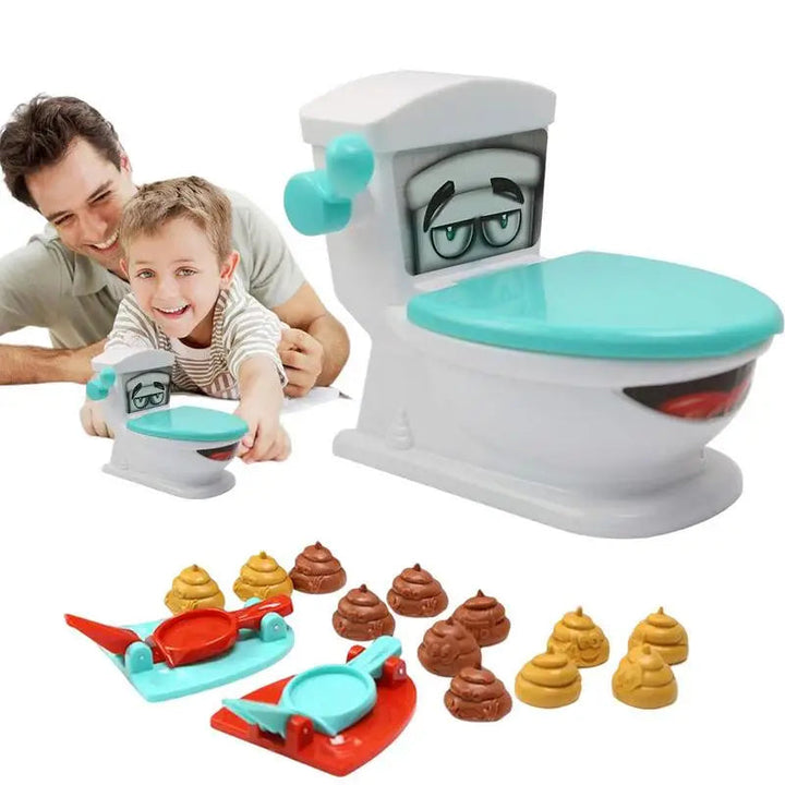 Toilet target, two launchers, and poop-shaped pieces with an adult-and-child play inset