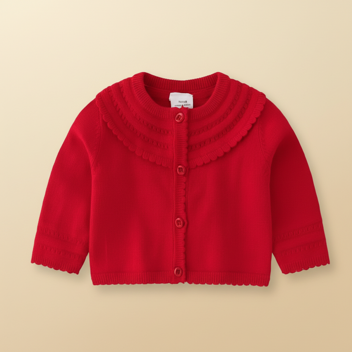 Tomato red baby cardigan with decorative neckline bands and a button front