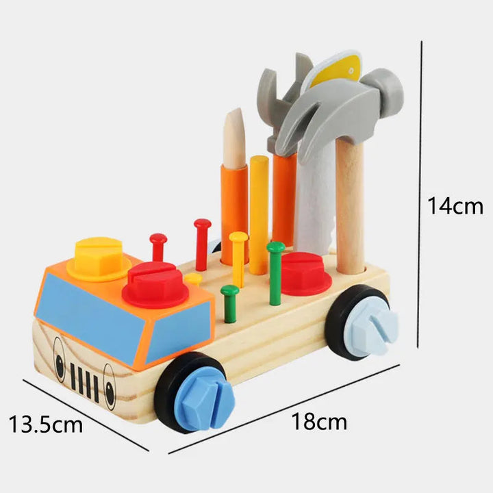 Wooden tool car measurement graphic showing 18 cm length, 13.5 cm width and 14 cm height
