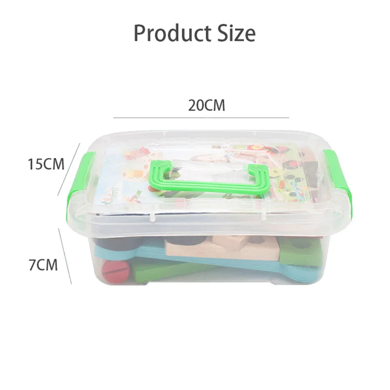 Toolbox storage case with a green handle, labeled 20 x 15 x 7 cm