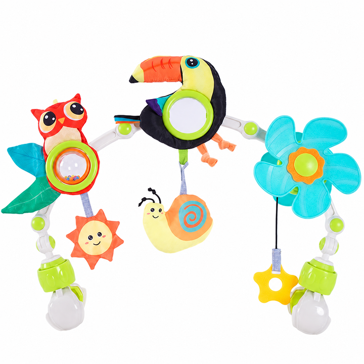 Toucan design with an owl, hanging snail and sun, turquoise flower, and green clips