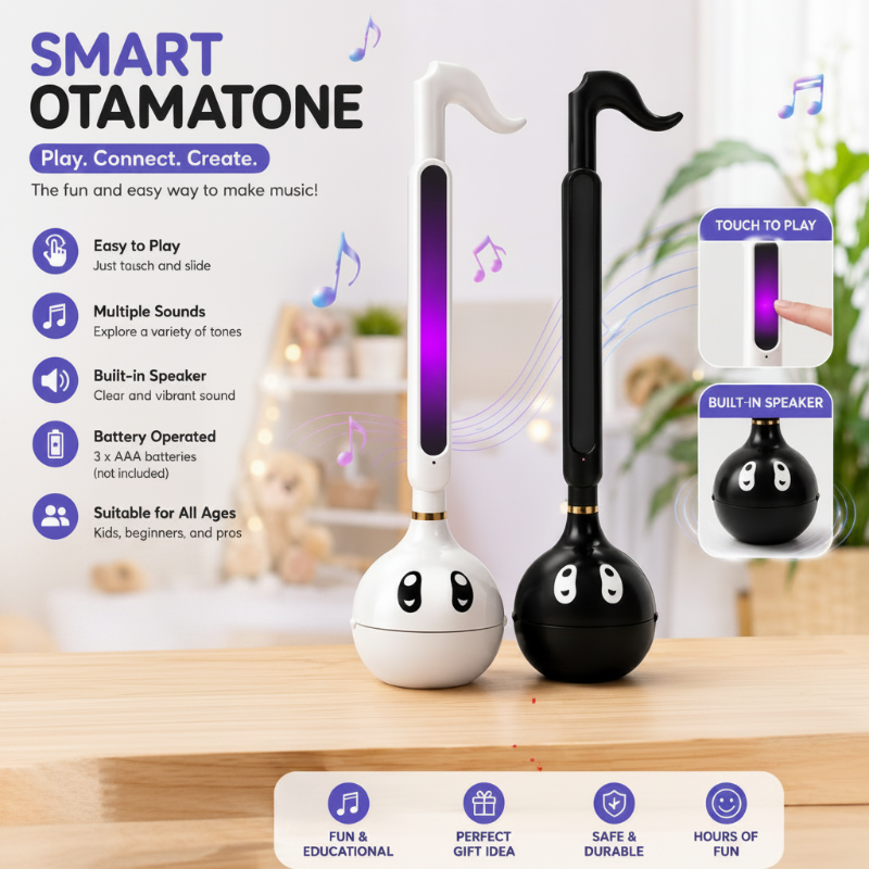Black and white music toys with a graphic highlighting touch controls and the built-in speaker.