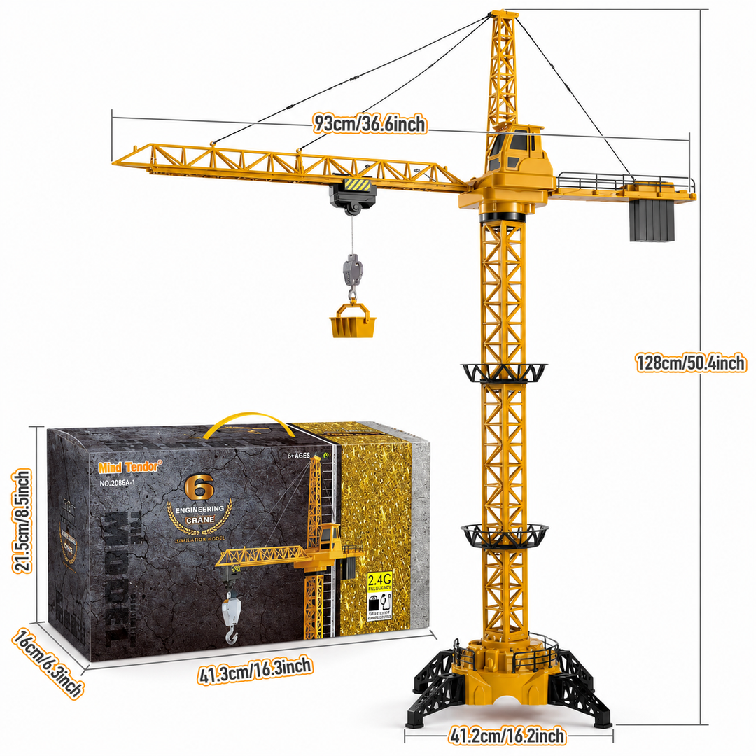 Tower crane and retail box measurement chart showing a 128 cm crane height and 93 cm boom.