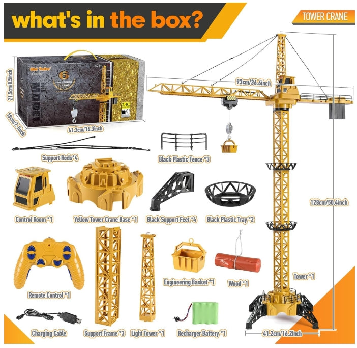 Crane package contents arranged with the controller, tower sections, bucket, battery and charging cable.