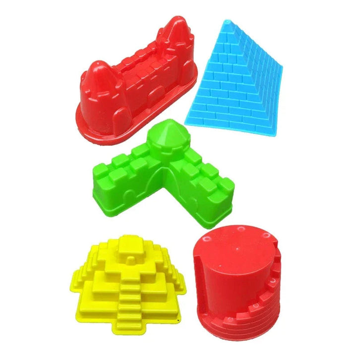 Five sand molds in red, blue, green, and yellow with tower, wall, and stepped-pyramid shapes