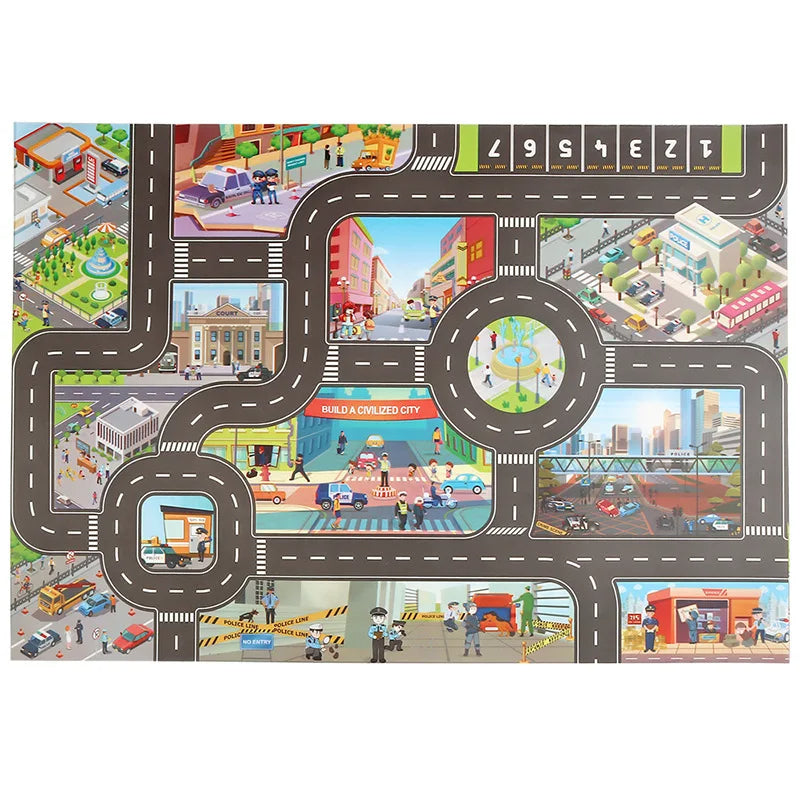 Town-themed road play mat with buildings, roundabouts, and numbered parking spaces