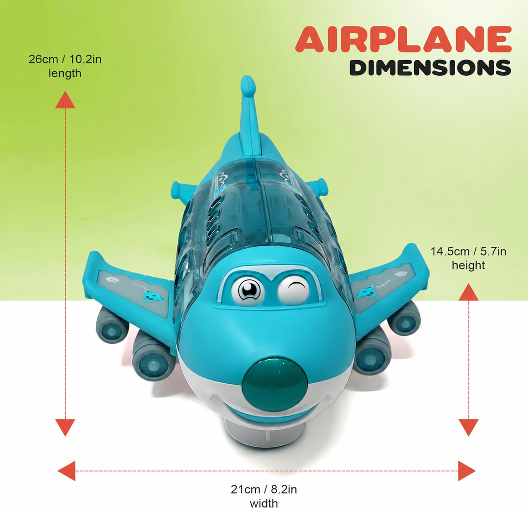 Toy airplane measurements showing 26 cm length, 21 cm width and 14.5 cm height
