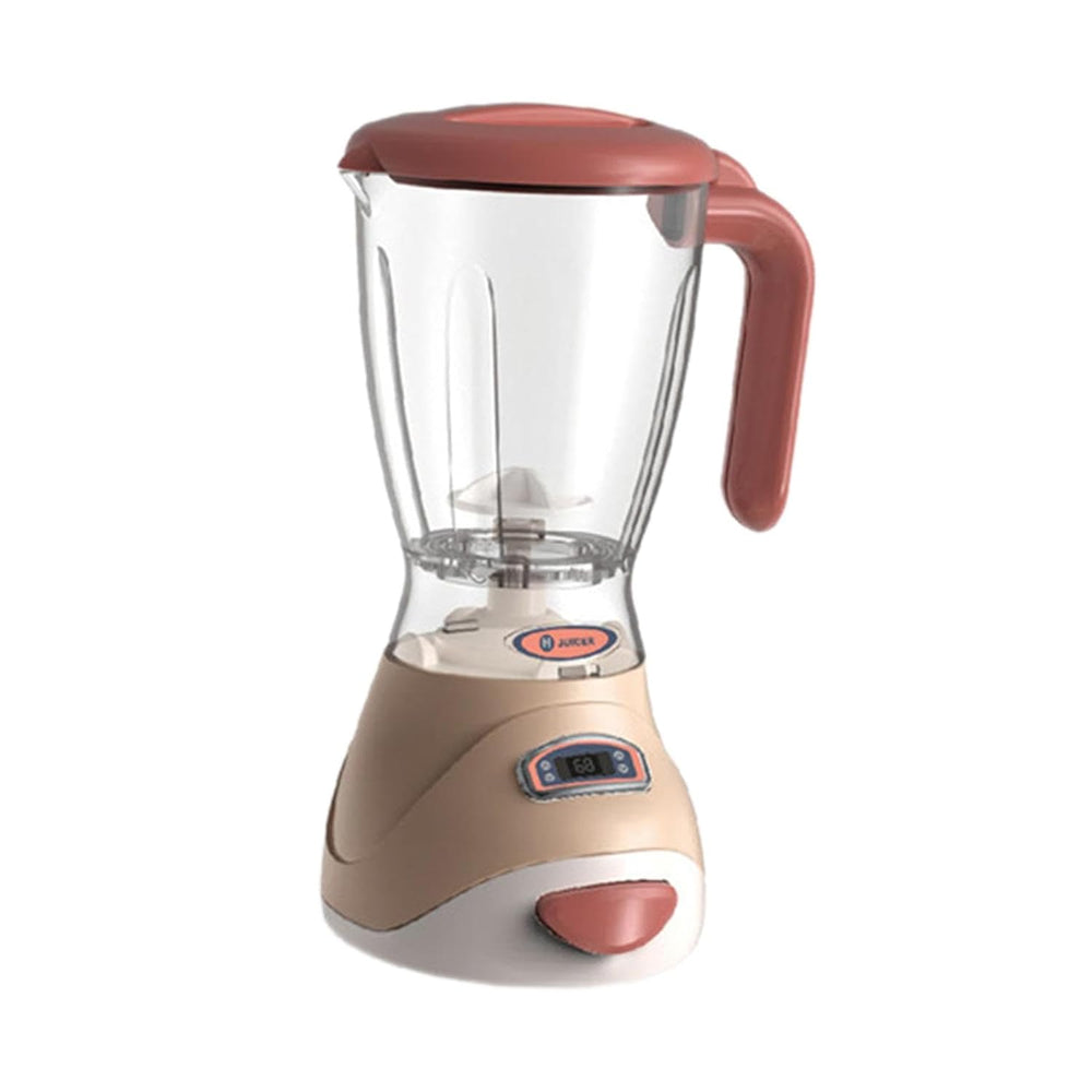Toy blender with a clear pitcher, pink lid and handle, and beige base.