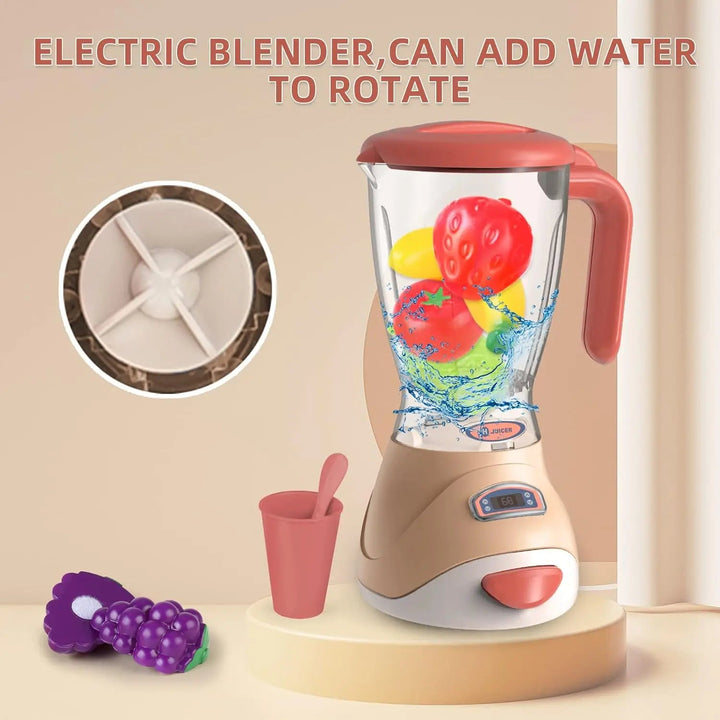 Toy blender graphic with fruit and water illustrated inside the clear pitcher.