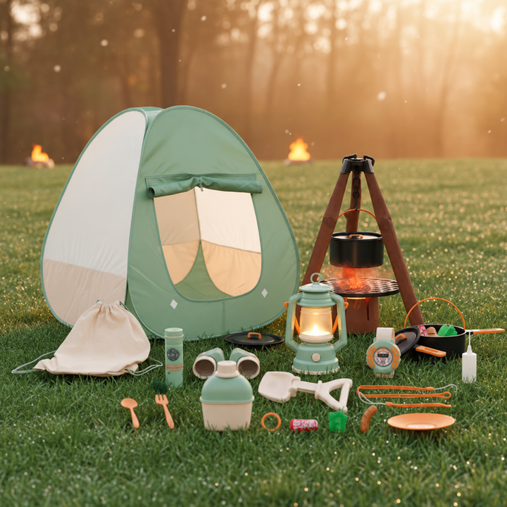 Pop-up play tent, pretend campfire, lantern and camping accessories arranged on a lawn.
